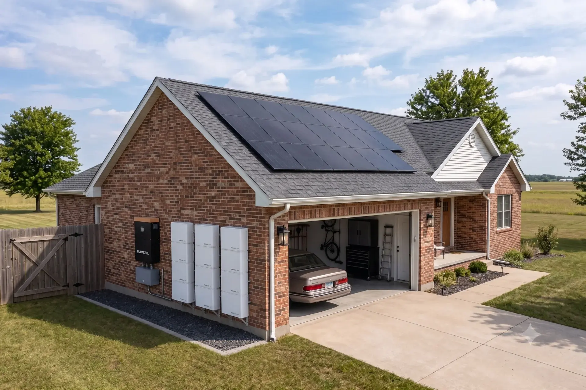 Illinois brick ranch home with rooftop solar and a Duracell battery stack, SOLRITE Energy Illinois