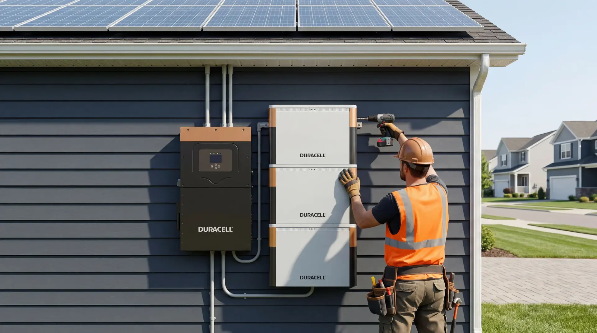 SOLRITE-certified installer mounting a Duracell battery system on a home