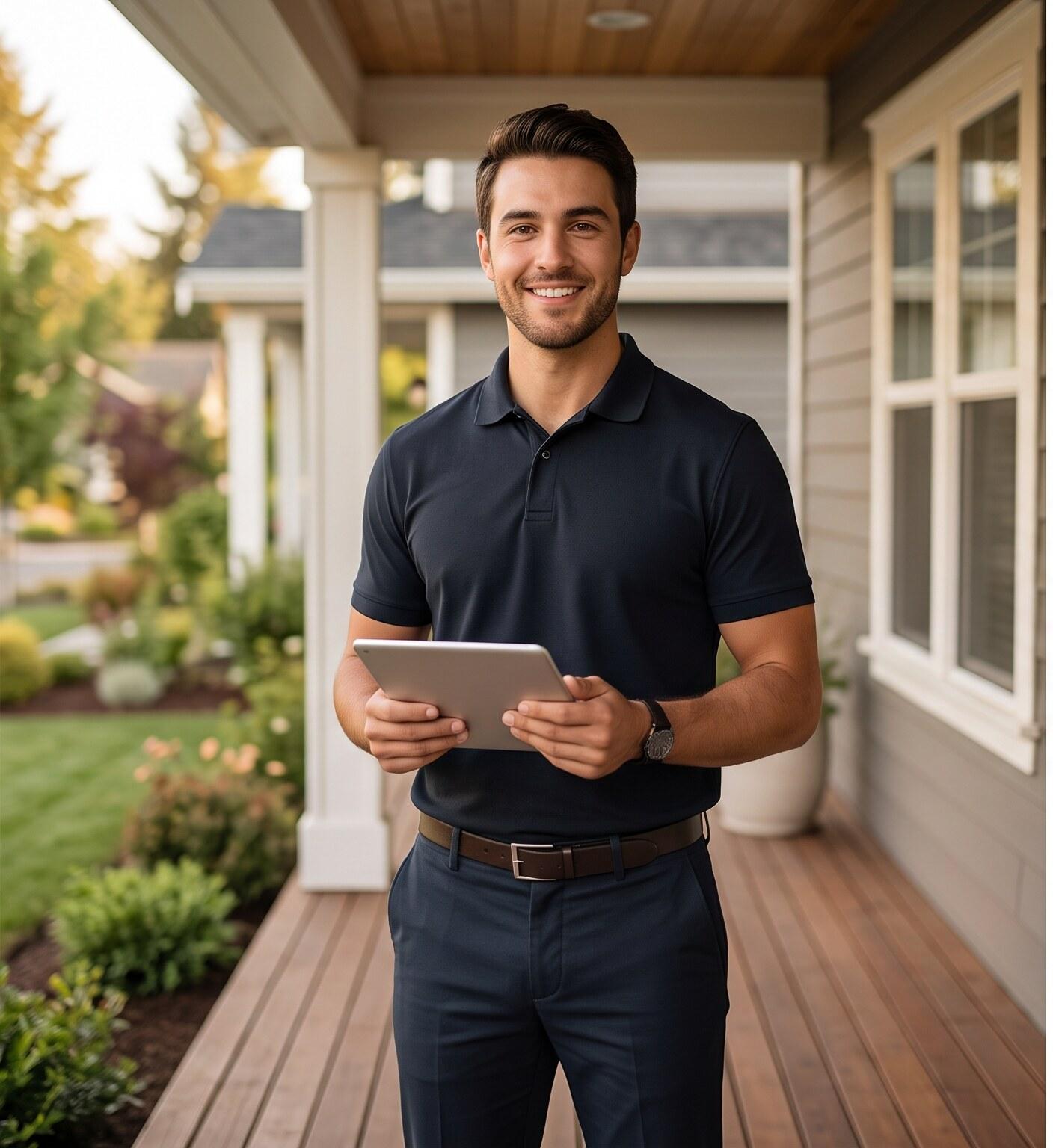 SOLRITE sales partner with a tablet on a residential front porch